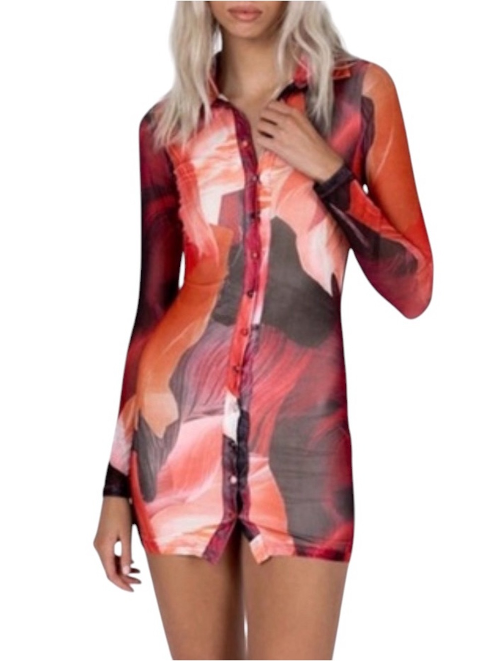 PRINCESS POLLY ❌❌ Button front long sleeve MESH fitted dress, Size 0